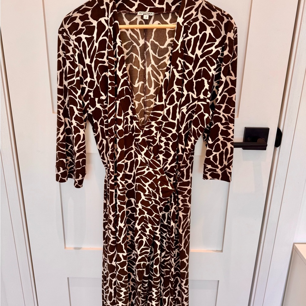 Kiyonna Brown and White Animal Print Wrap Dress